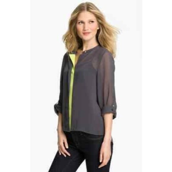 Gianetta Neon Pop Top Blouse Size PM Contrast Placket Yellow Gray NEW B44 - Picture 1 of 5